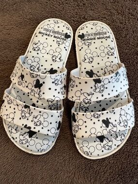 Mini Melissa White Minnie Mouse Print Slide Sandals for Kids